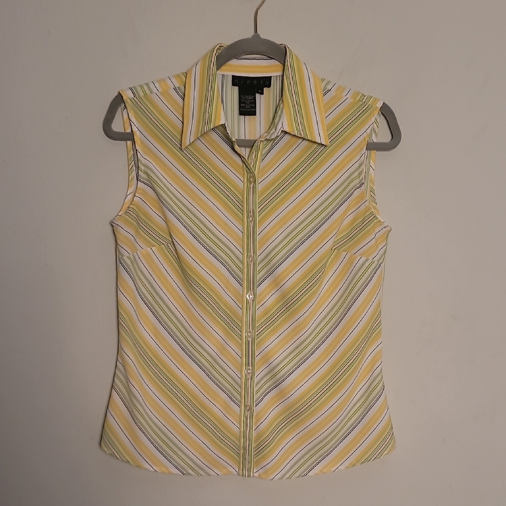 Ninety Striped Yellow and Green Sleeveless Button Up Top Sz S VTG Y2K